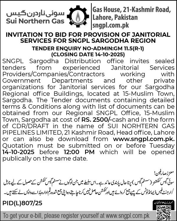Sui Northern Gas Company Limited Lahore Tender Notice